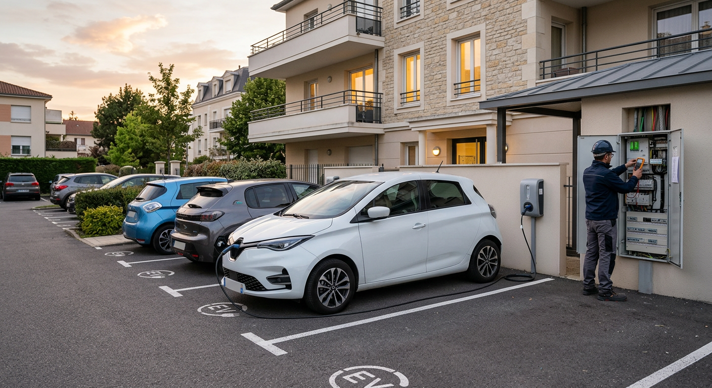 Borne de recharge électrique installée en copropriété avec plusieurs véhicules électriques en charge au parking