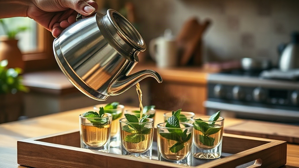 Thé à la menthe versé en hauteur depuis une théière style marocain en inox sur un plateau en bois