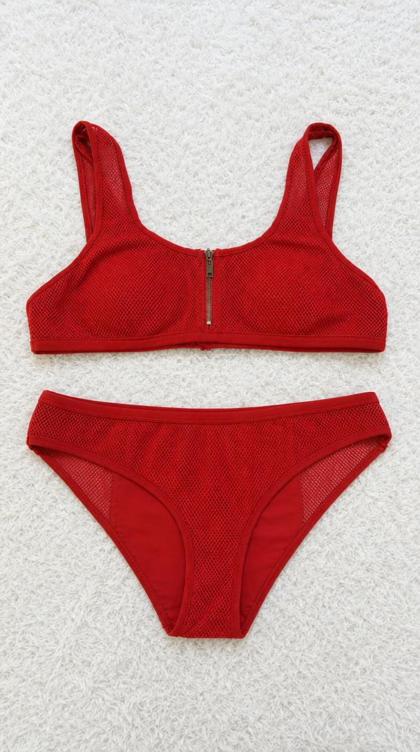 Red Textured Mesh Zip-Front Bikini Set New With Tags