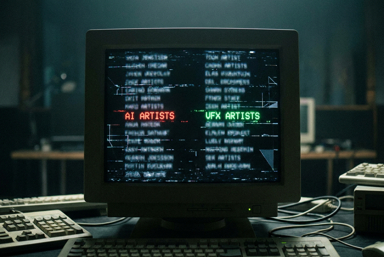 alt text for accessibility: A split screen showing YouTube video credits being edited, with 'AI Artists' on the left crossed out and 'VFX Artists' written on the right, set against a dark background with glowing neon text