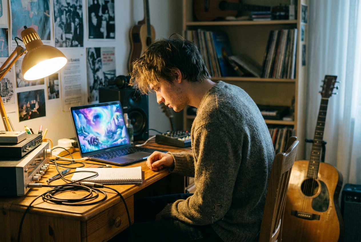 alt text for accessibility: An independent musician working at a laptop in a small home studio, with AI-generated music video visuals displayed on the screen showing surreal colorful imagery