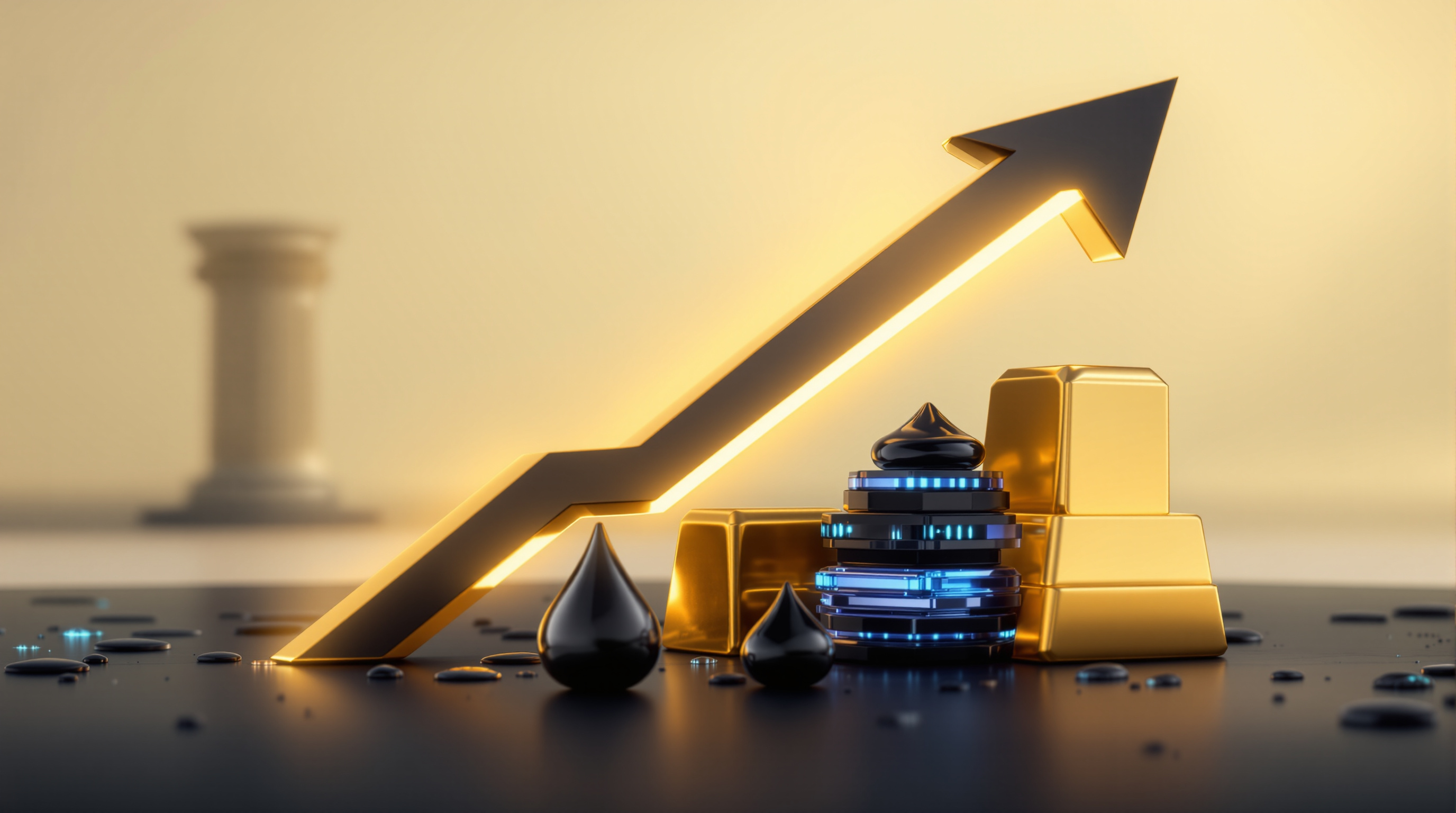stylized GPU-like silicon slab (matte black with metallic gold edges) as the primary upward element; secondary objects: polished gold bar, translucent — editorial cover artwork for the Knightron story on Nvidia Forecast Lifts Equities; Gold Slides As Fed Chair War