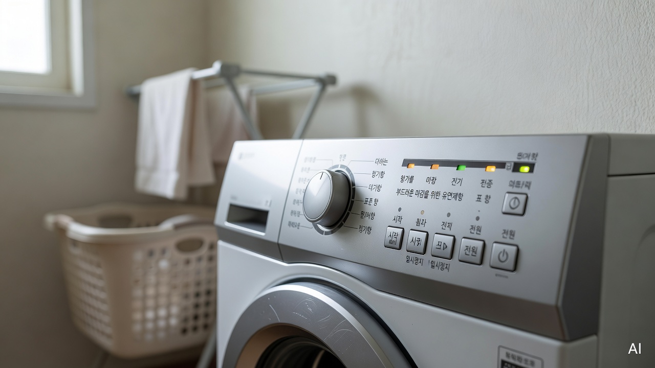 close-up of a washing machine control panel showing rinse settings on a laundry room wall