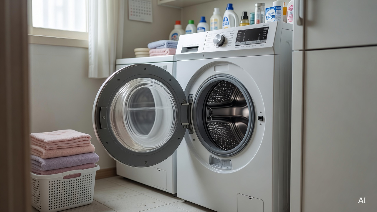 laundry room with washing machine door open showing drum interior and fabric softener dispenser