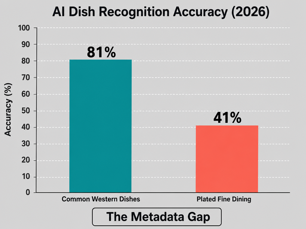 Bar chart comparing AI recognition accuracy for common dishes at 81% versus fine dining plates at only 41% accuracy.