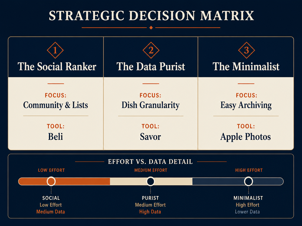 A comparison matrix helping foodies choose between social ranking, data-heavy journaling, or minimalist photo archiving methods.