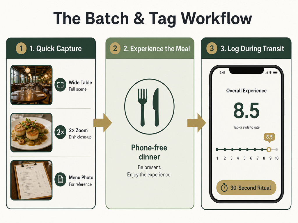 Process diagram showing the batch and tag workflow for foodies: capturing 3 essential photos, enjoying the meal, and logging dish ratings later.