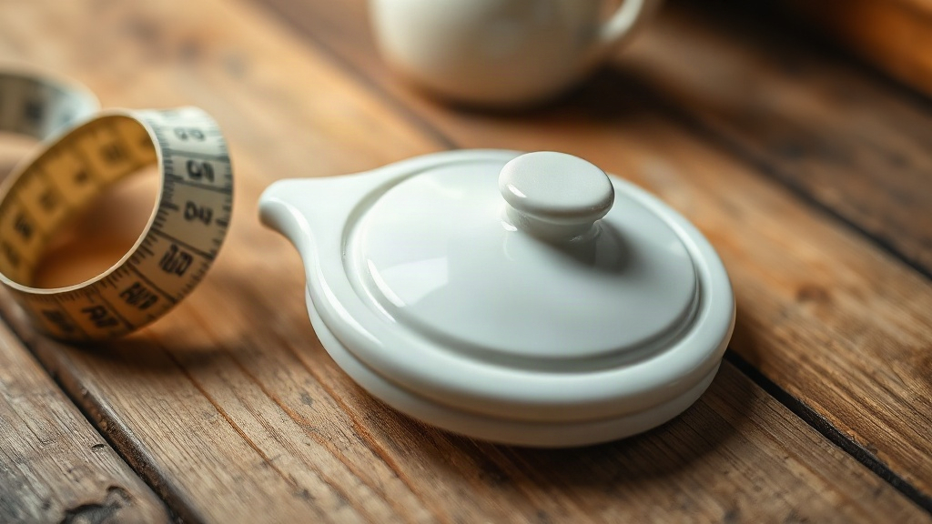 Couvercle de théière en porcelaine blanche posé sur une planche en bois avec un mètre ruban