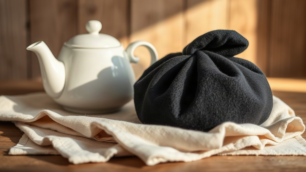Feutrine noire pour théière posée à côté d'une théière en porcelaine blanche sur tissu en lin