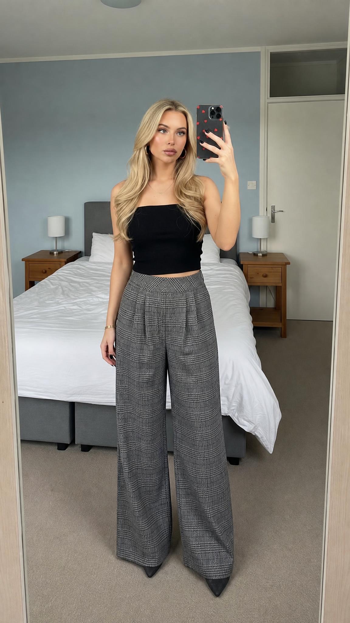 Grey Checked Plaid Pleated Maxi Skirt