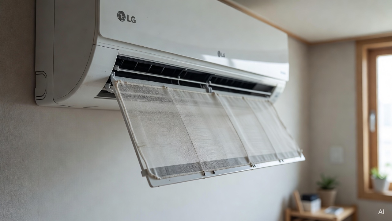 LG air conditioner front panel open showing filter mesh inside, close-up shot