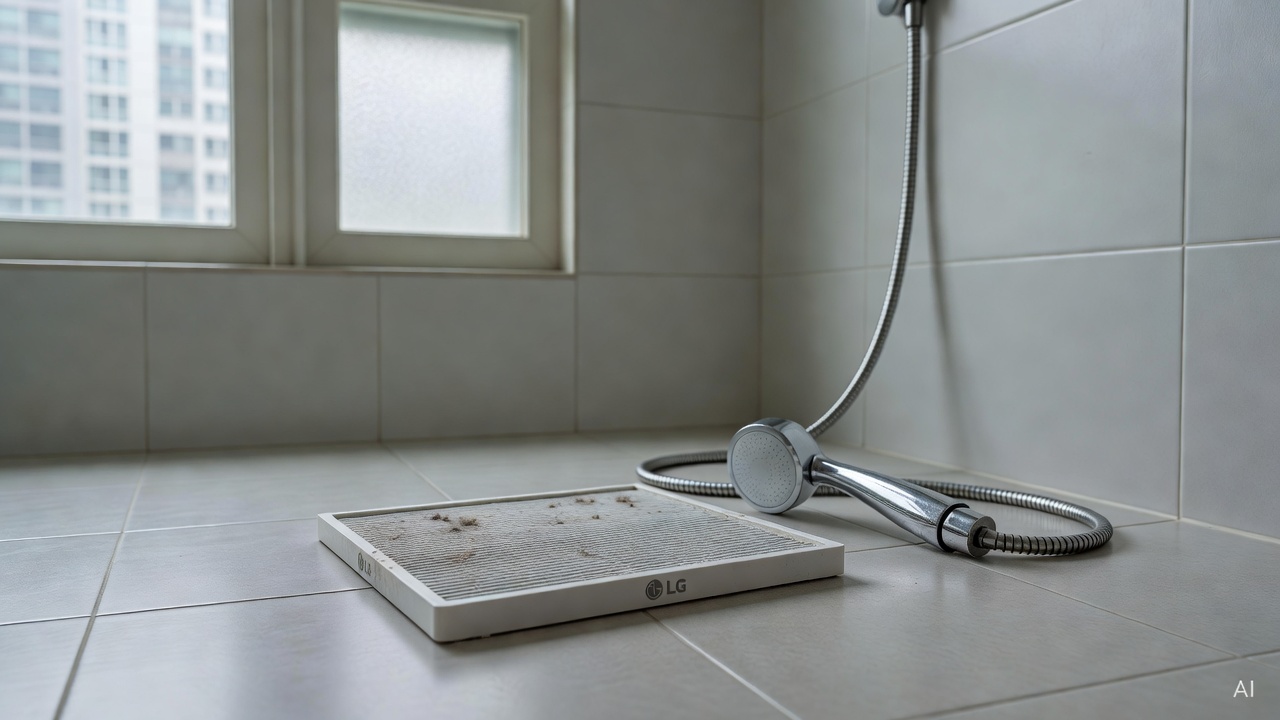 LG air conditioner filter removed and placed on bathroom floor next to a showerhead
