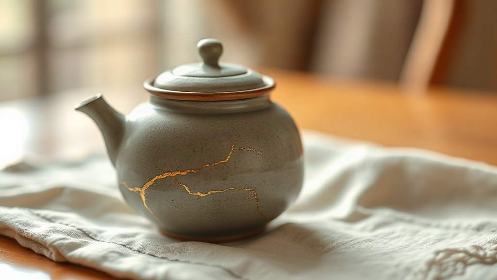 Théière en céramique réparée au kintsugi avec des veines dorées soulignant les fissures