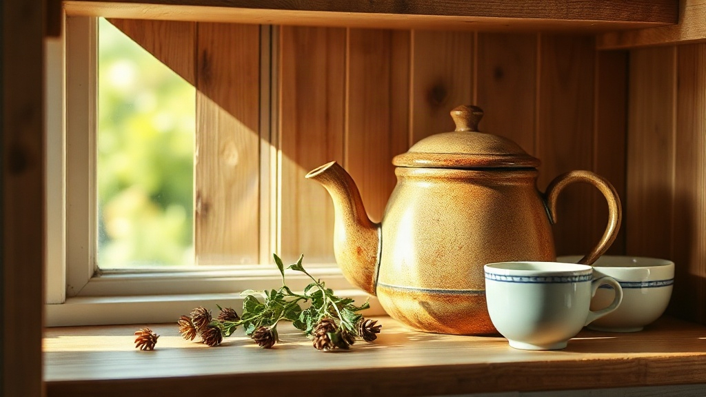 Théière en grès posée sur une étagère en bois avec des herbes séchées, cuisine chaleureuse
