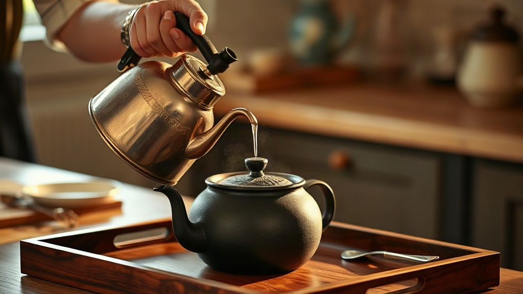 Versement d'eau chaude dans une théière en fonte noire, geste d'infusion du thé