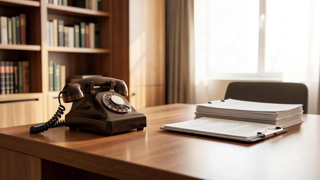 A professional office desk with a ringing landline telephone beside a stack of legal documents and a closed laptop, a calm modern law or accounting office behind, conveying the urgency of a missed client call