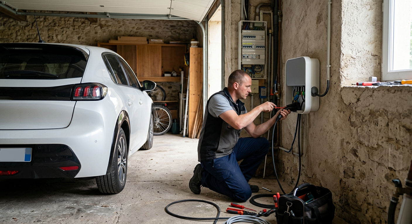 Installateur raccordant une borne de recharge électrique murale dans un garage avec une voiture électrique branchée à une maison individuelle