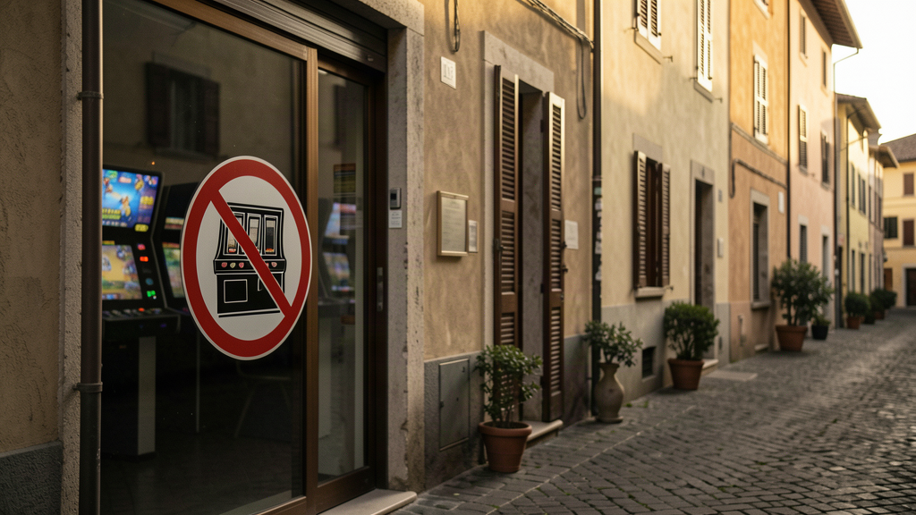 Un cartello di divieto per le slot machine davanti a un locale in una strada italiana
