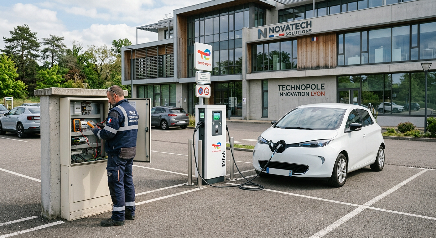 Borne de recharge électrique en cours d'utilisation dans le parking d'une entreprise avec un technicien IRVE vérifiant le tableau électrique