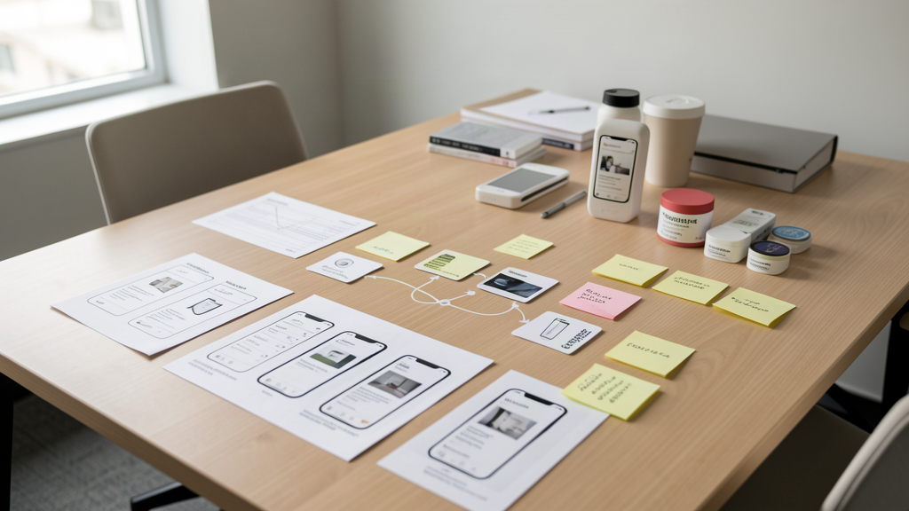 Table de priorisation UX UI avec maquettes mobiles e-commerce