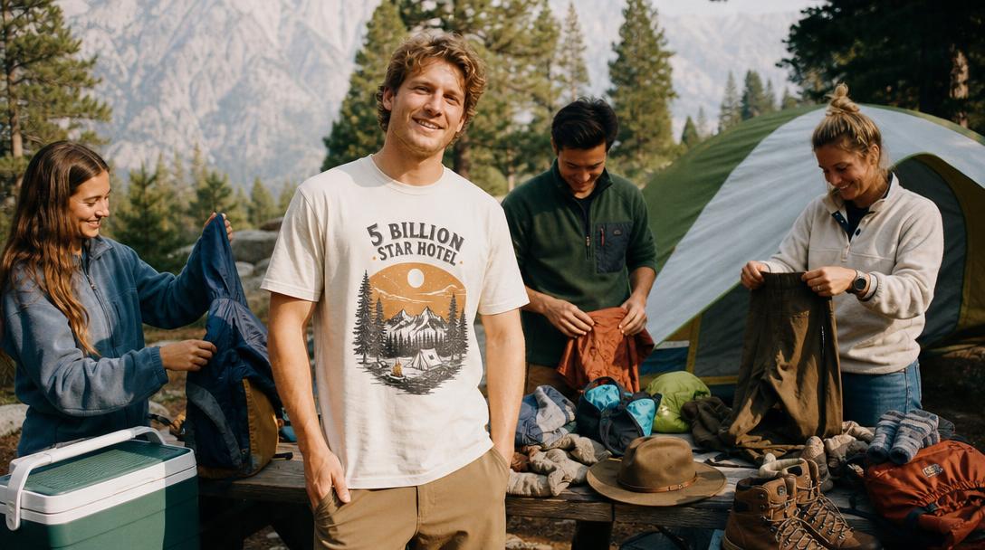 Person hiking with layered outdoor clothing in nature