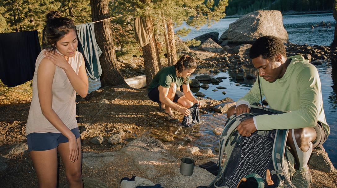 Hiker wearing cotton shirt contrasted with synthetic hiking gear