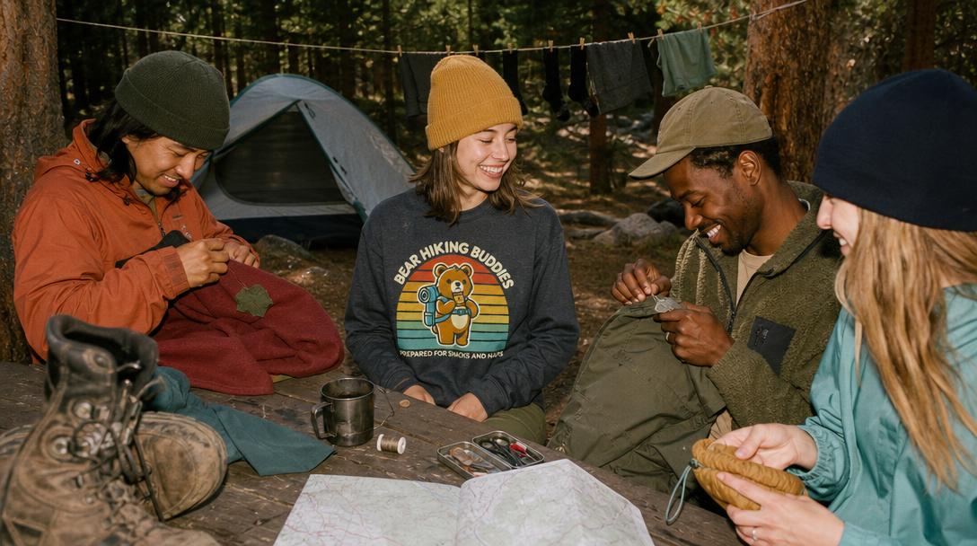 Various sustainable outdoor clothing laid out