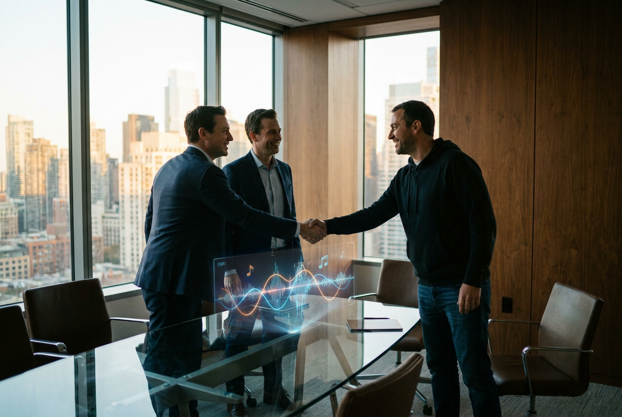alt text: Music industry boardroom with three executives shaking hands with a tech founder over a holographic display showing audio waveforms