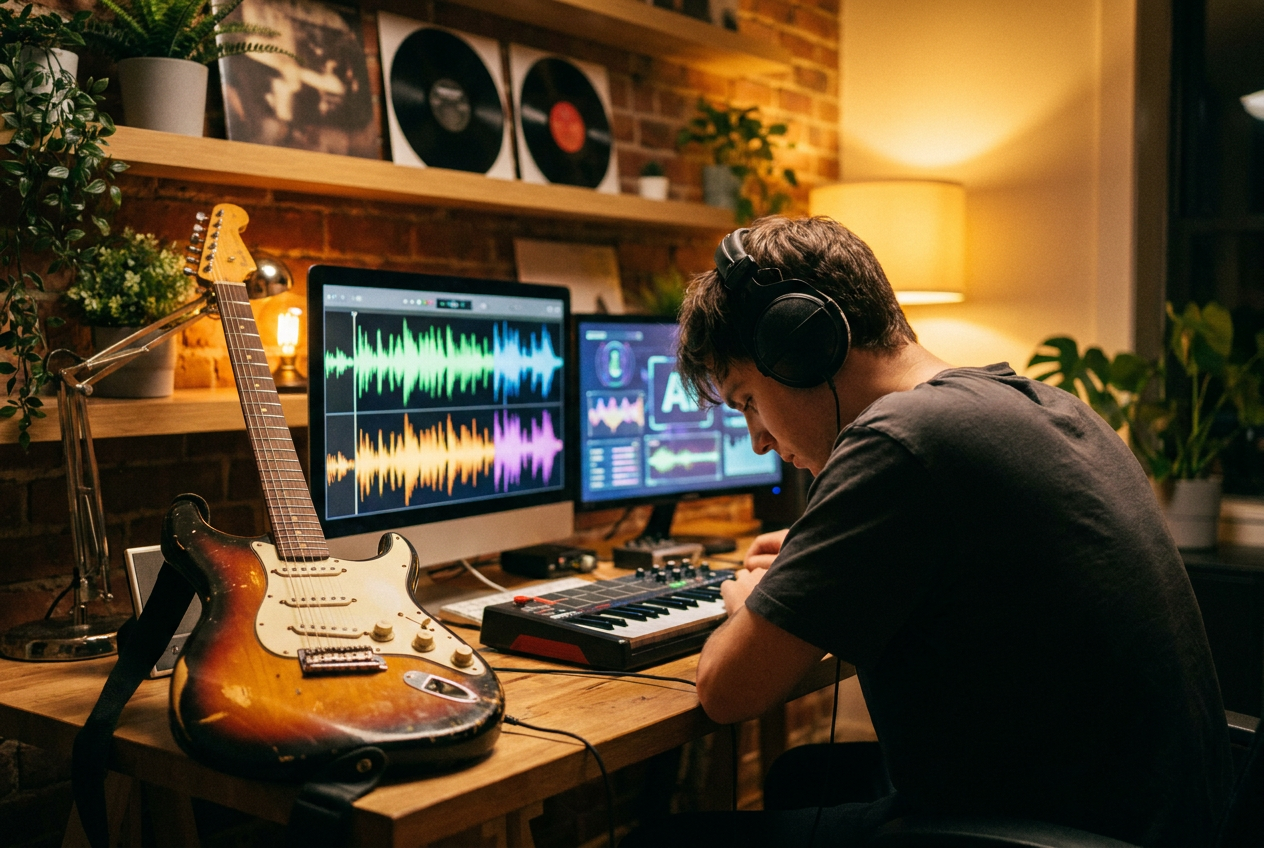 alt text: A musician working at a home studio desk with AI tools on screen alongside traditional instruments