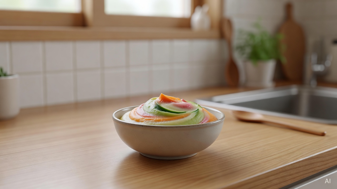 small bowl of pureed vegetables and soft fruits on a light wooden kitchen counter