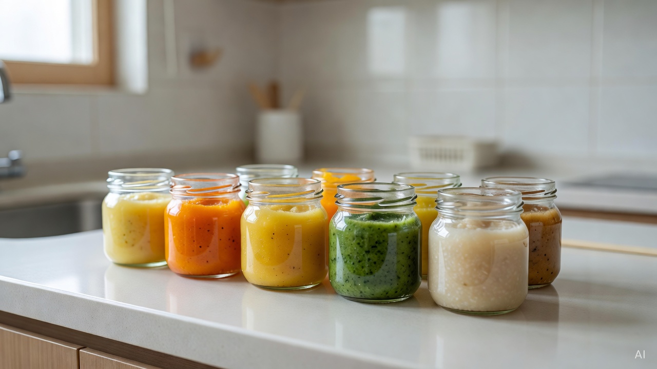 assorted pureed baby food in small glass jars arranged on a kitchen counter
