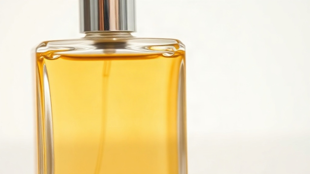 Close-up macro photo of a perfume bottle with light golden liquid, soft studio lighting, minimalist background, no text