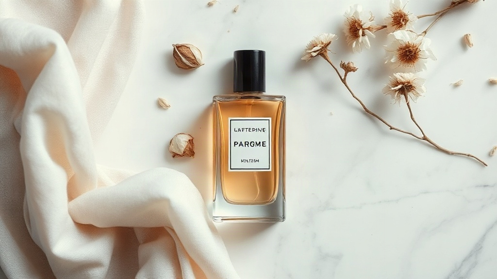 Elegant flat lay of perfume bottle, cotton fabric and dried flowers on marble surface, soft natural light, no text