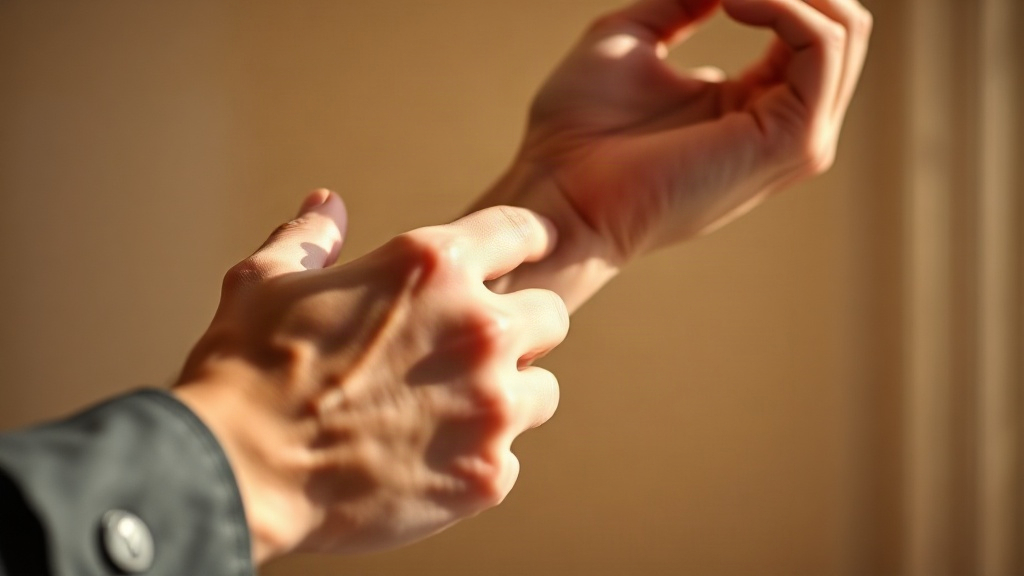 close-up photo of a man's wrist and hand, applying perfume gesture, fingertips gently touching inner wrist, soft natural