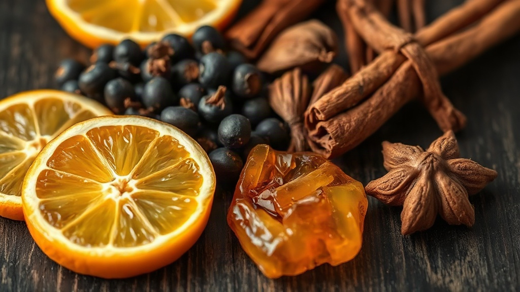 close-up macro photography of fragrance raw materials arranged on dark wood surface, fresh bergamot citrus slices, black