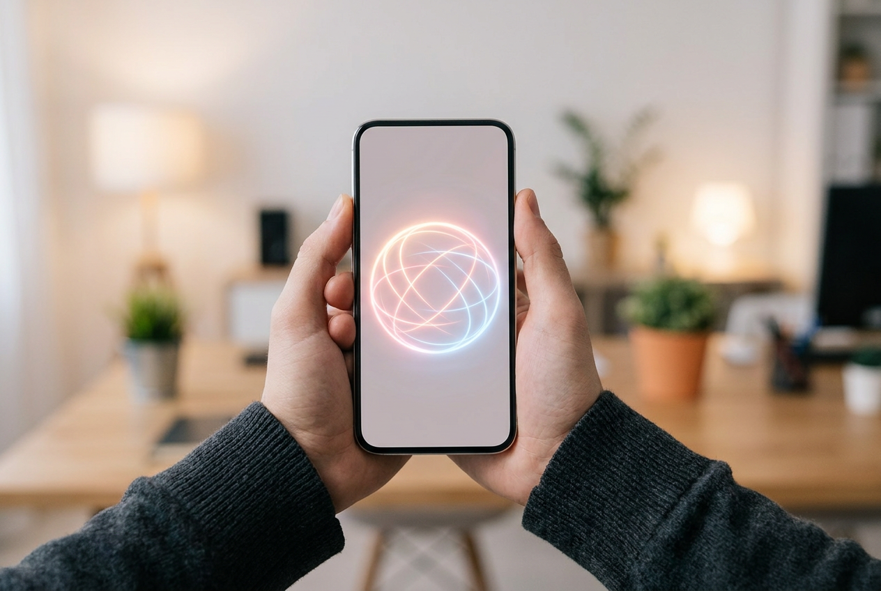 Smartphone met een gloeiende wereldbol en verbindingslijnen, symbool voor telefoongesprekken in meerdere talen