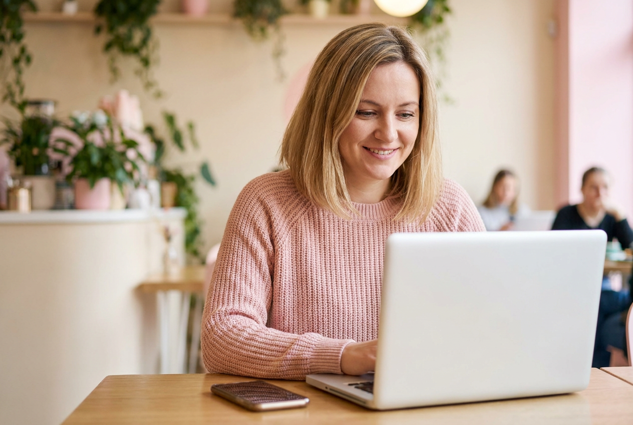 Ondernemer werkt rustig door aan een laptop terwijl de telefoon onbeantwoord op tafel ligt