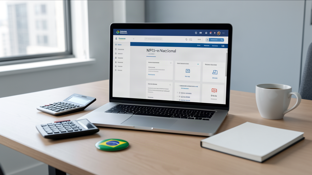 Mesa de escritório moderna com notebook mostrando portal nfse.gov.br, bandeira do Brasil, calculadora e documentos fiscais