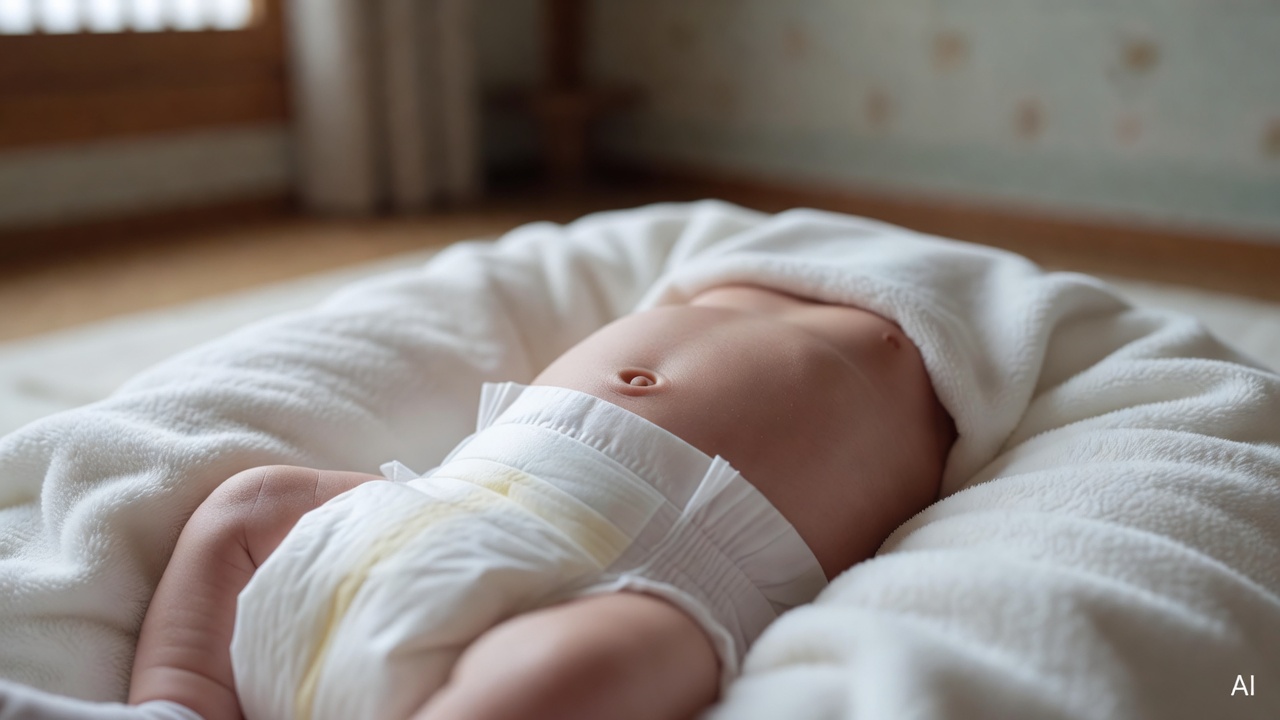 newborn baby's midsection showing a small belly button area with a folded disposable diaper below it on a soft white blanket