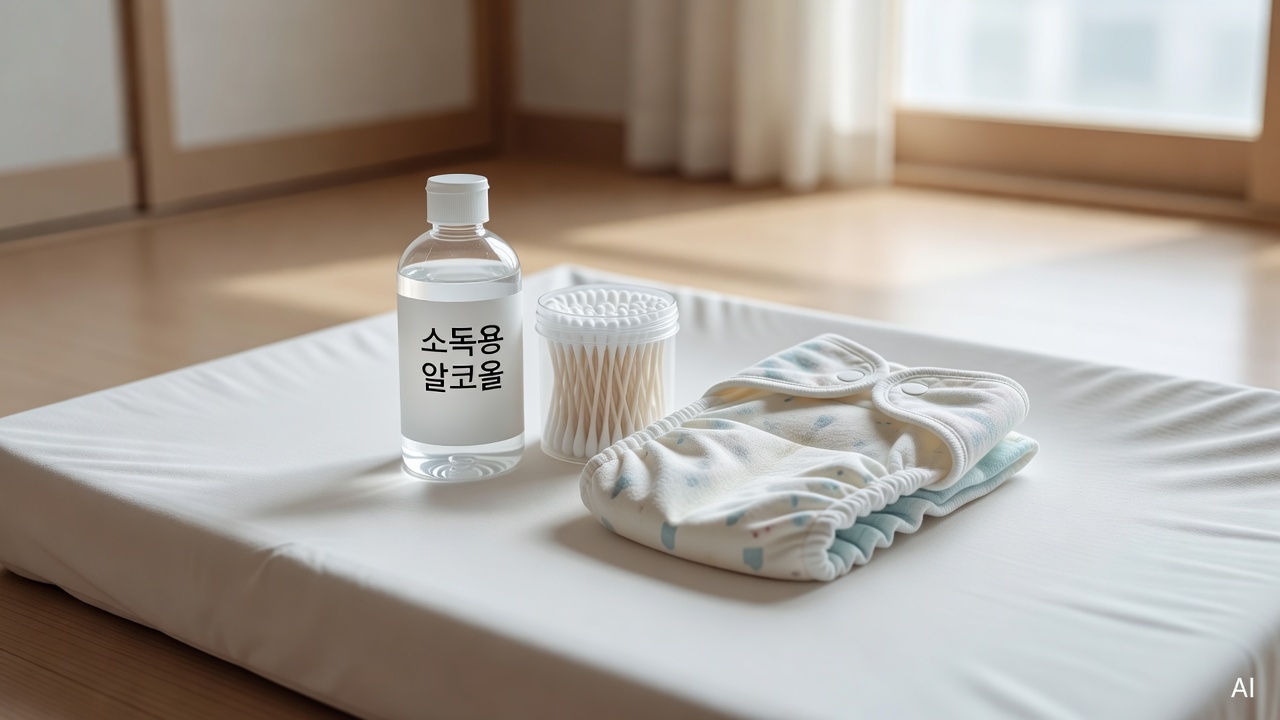 cotton swabs and a small bottle of rubbing alcohol placed on a white changing mat next to a folded cloth diaper