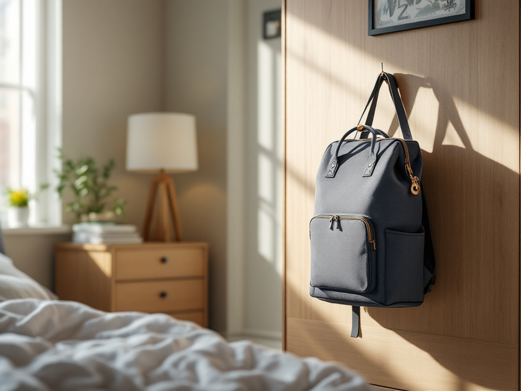ANWTOTU diaper bag backpack hanging on a nursery dresser with natural light and bedroom surroundings