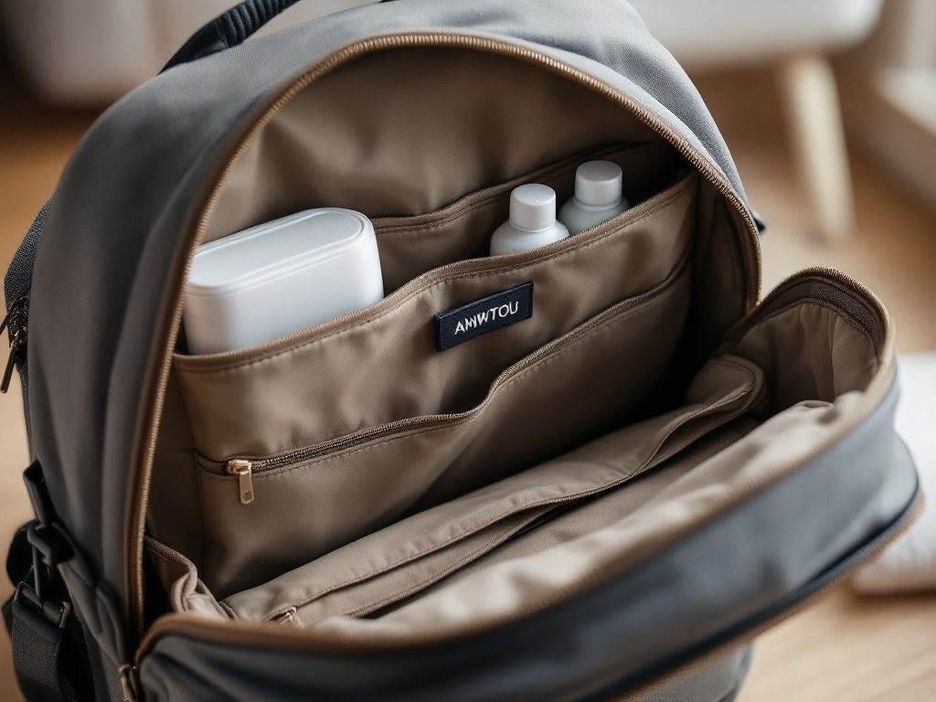 Close-up of ANWTOTU diaper bag backpack interior showing organized compartments and pockets with soft lighting