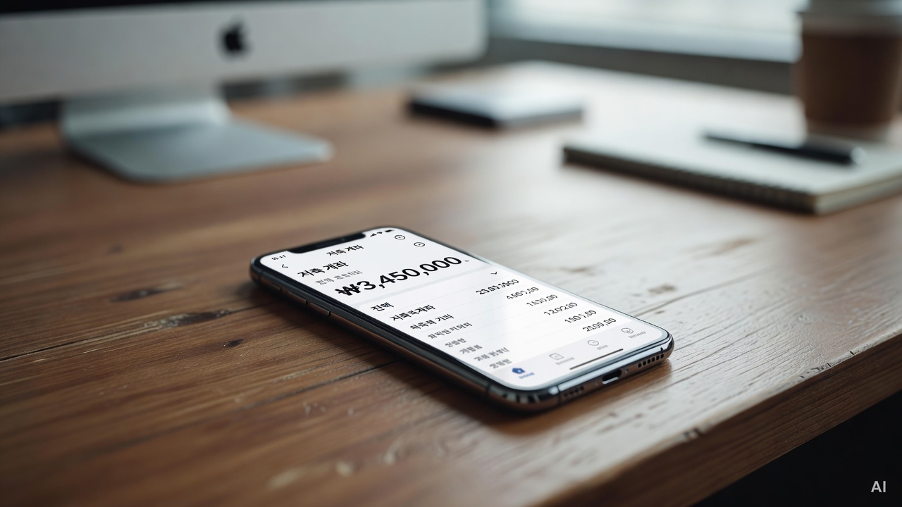 a smartphone screen showing a banking app with a savings account balance on a wooden desk