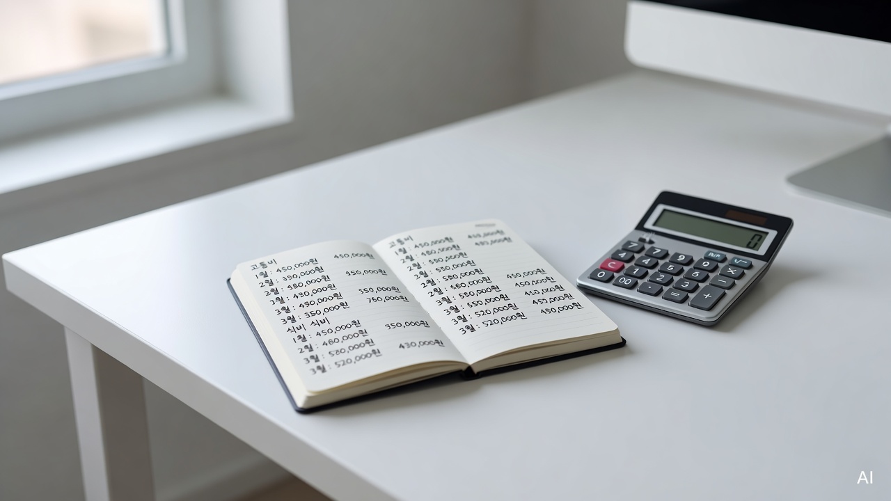 a small notebook with handwritten monthly expense numbers placed on a clean white desk next to a calculator