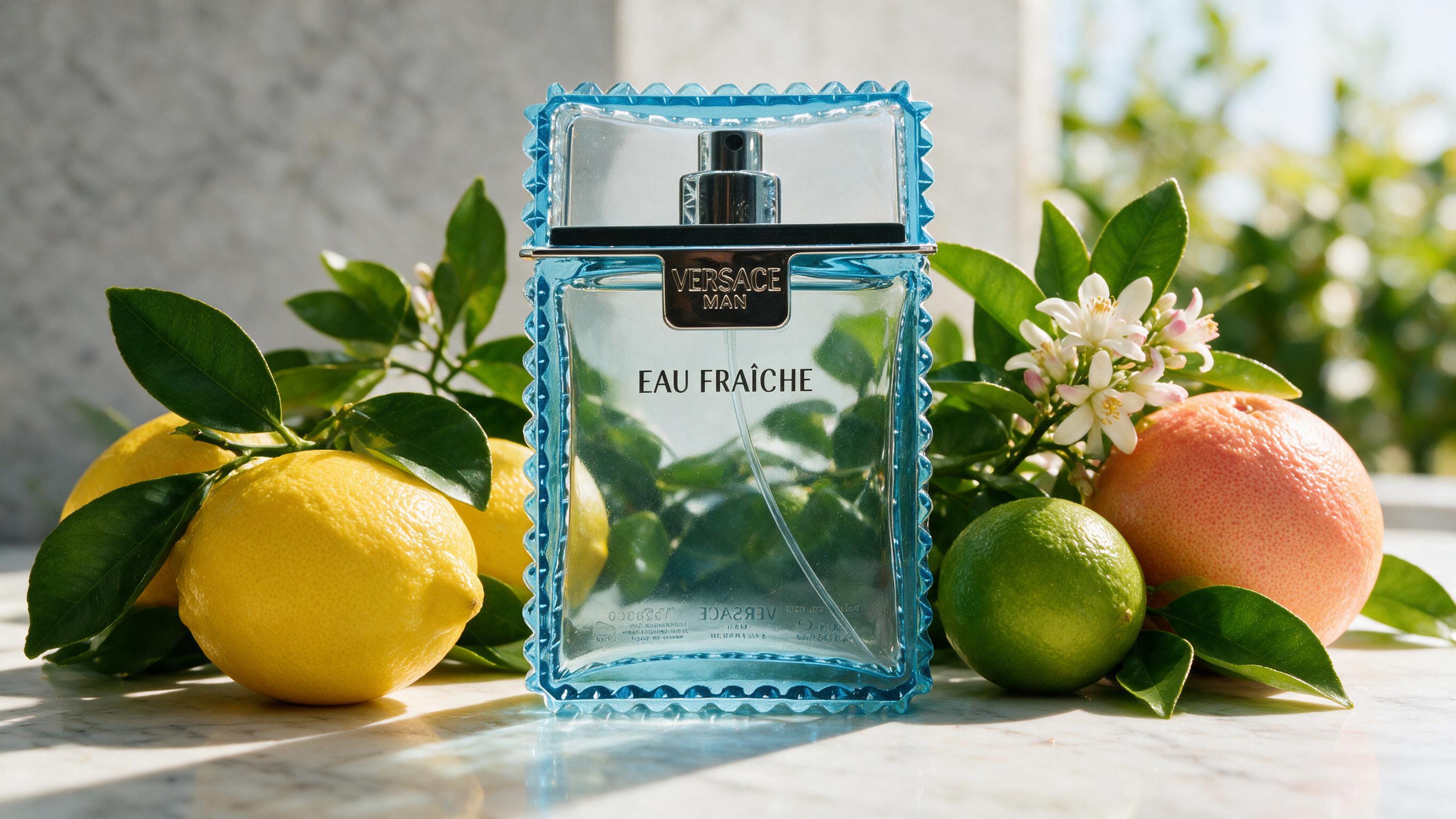 Split scene concept photo showing two perfume bottles, one surrounded by fresh citrus fruits and green leaves in bright