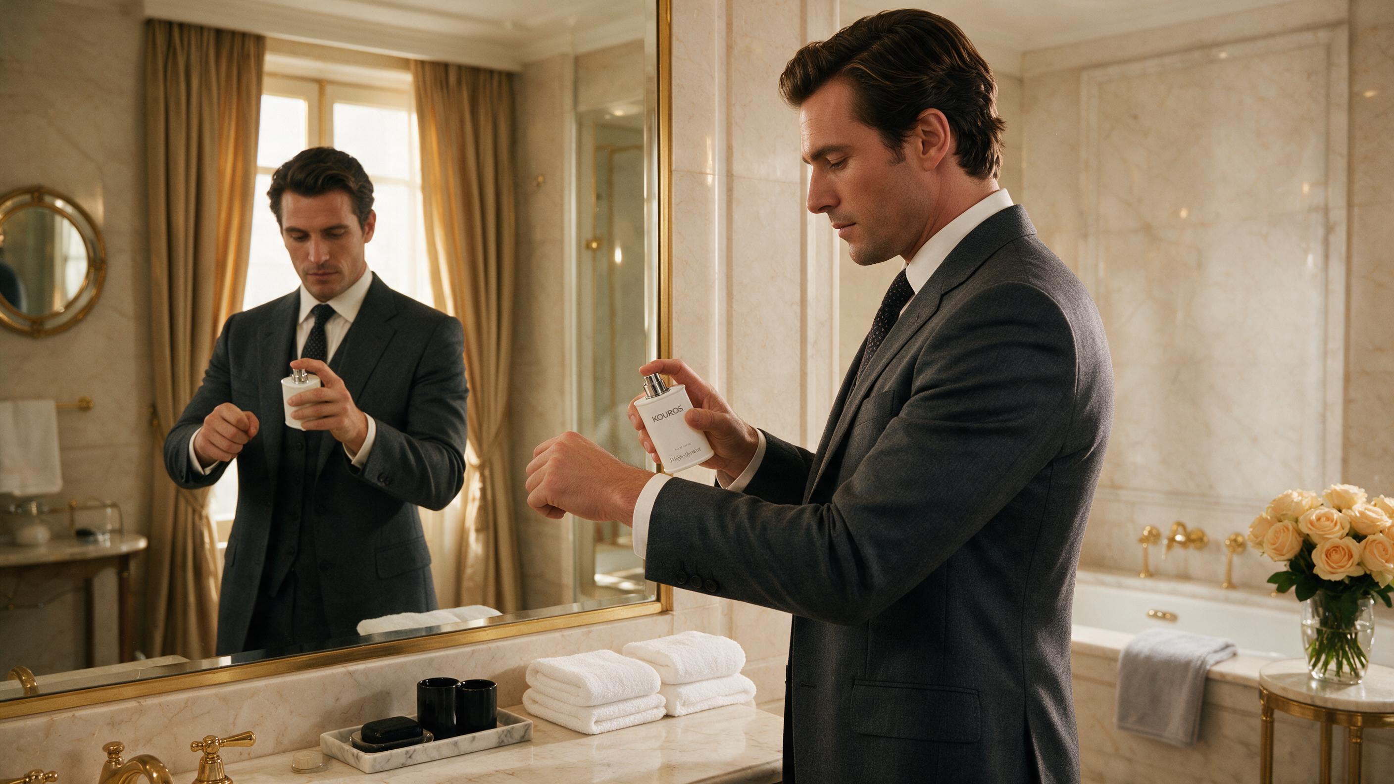 A stylish man in a tailored dark suit spraying perfume on his wrist in front of a mirror, warm ambient light, luxury bat