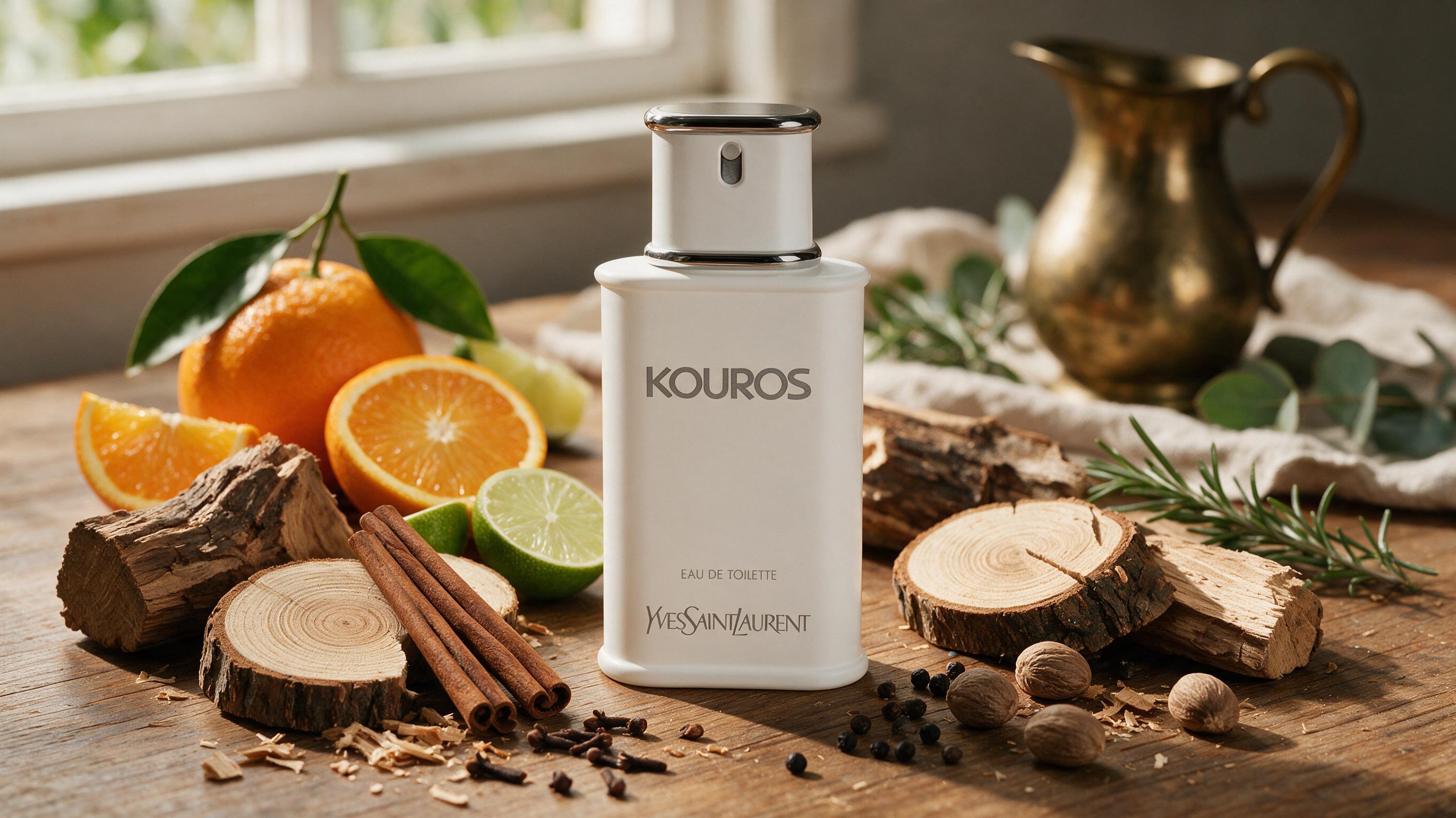 A stylish flat-lay of several men's perfume bottles with wood, citrus and spice elements arranged around them, warm stud