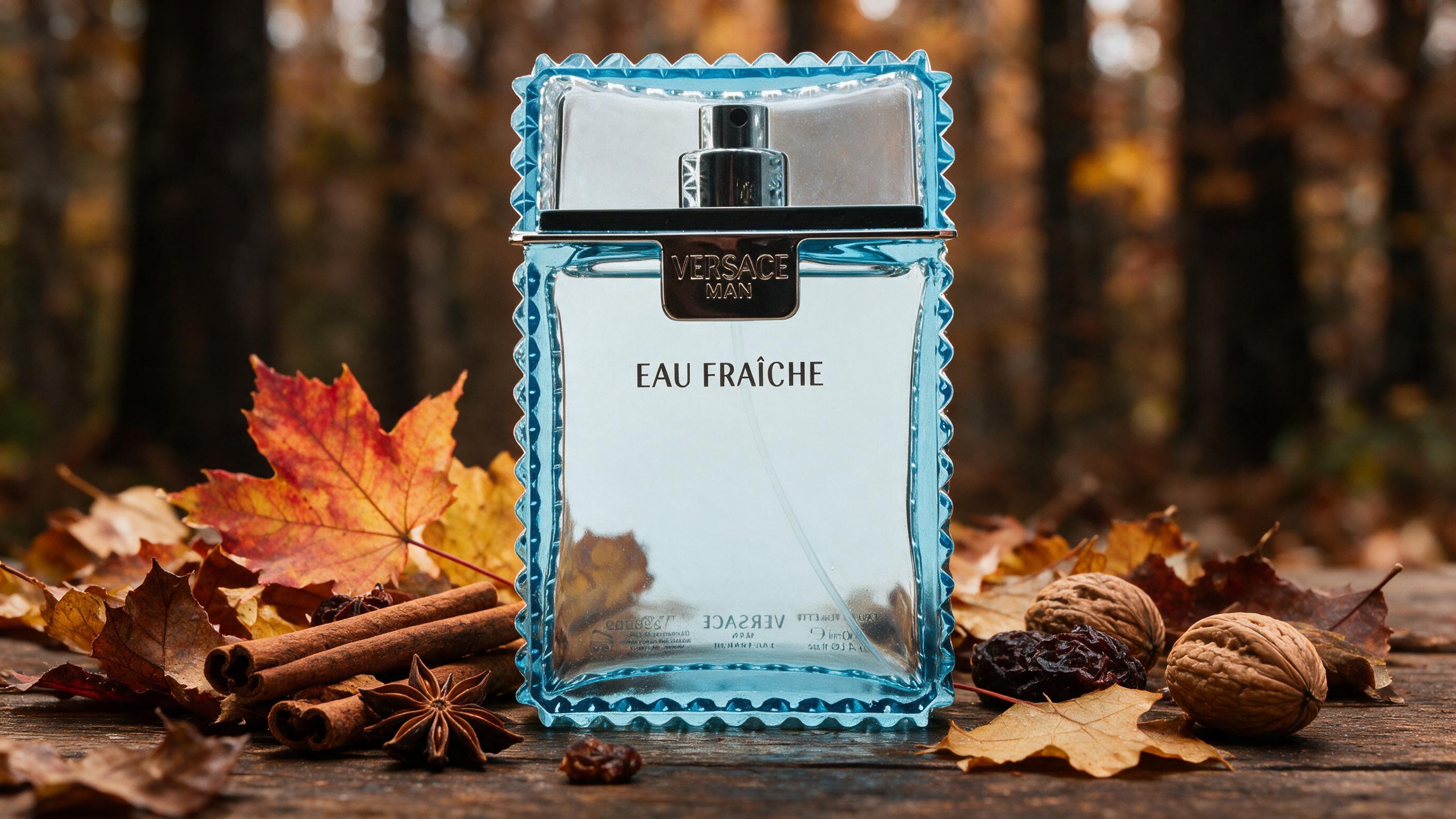 An elegant seasonal composition showing a men's perfume bottle surrounded by autumn leaves and warm spices on one side a