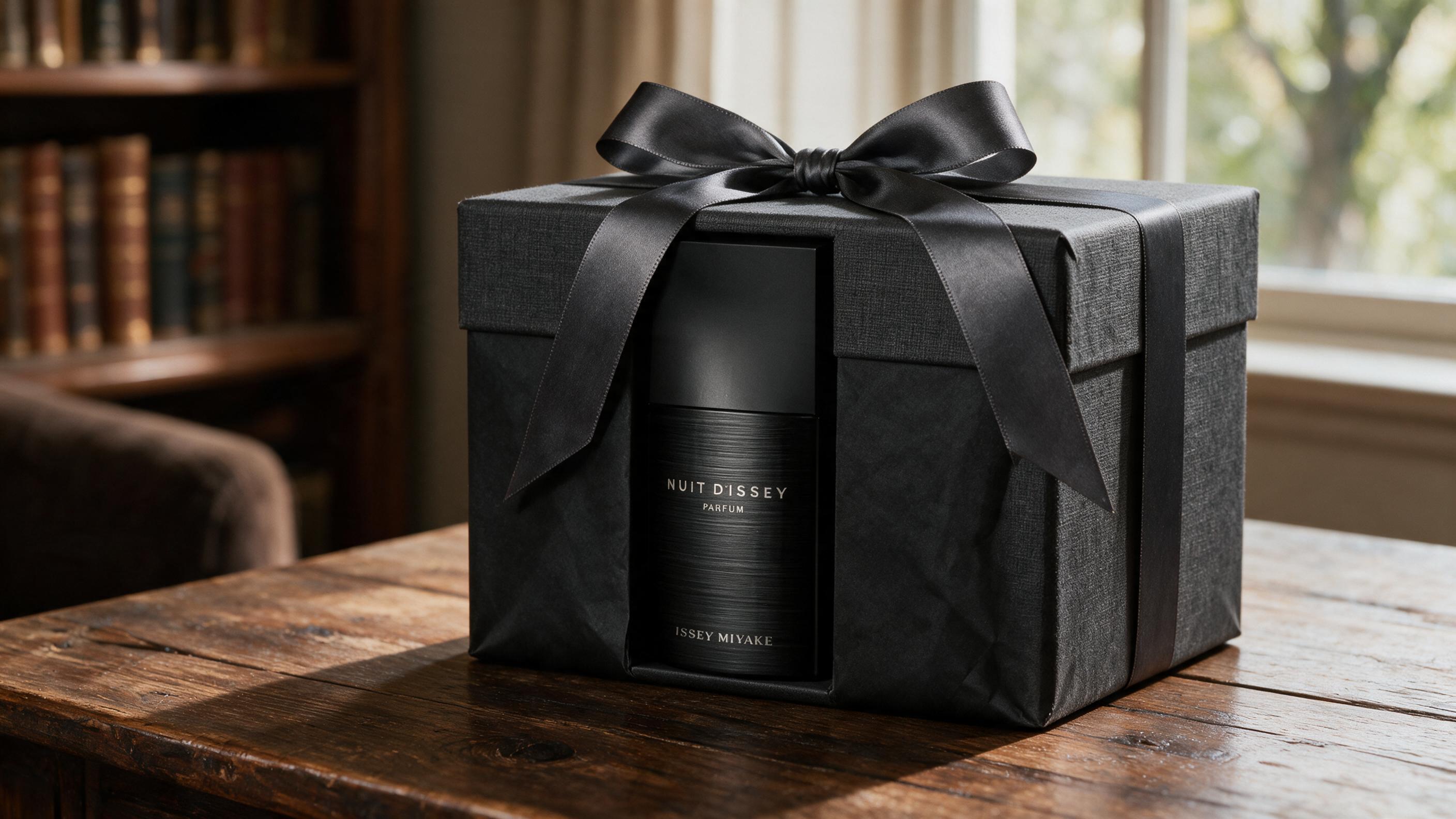 A beautifully gift-wrapped men's perfume box with a ribbon on a wooden table, soft warm light, no text