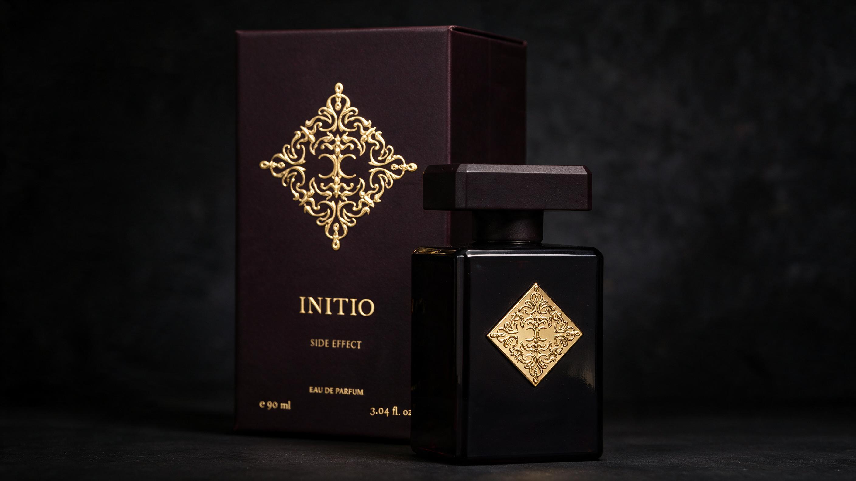 Close-up studio photo of a modern minimalist perfume bottle with dark glass and gold accents, dramatic side lighting, lu